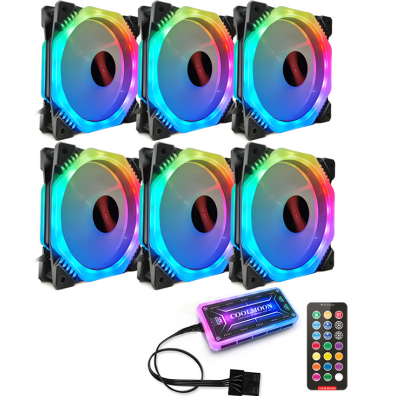 Coolmoon 6PCS 120mm Multilayer Backlit RGB Cooling Fan Computer Case PC CPU Cooling Fan with the Remote Control