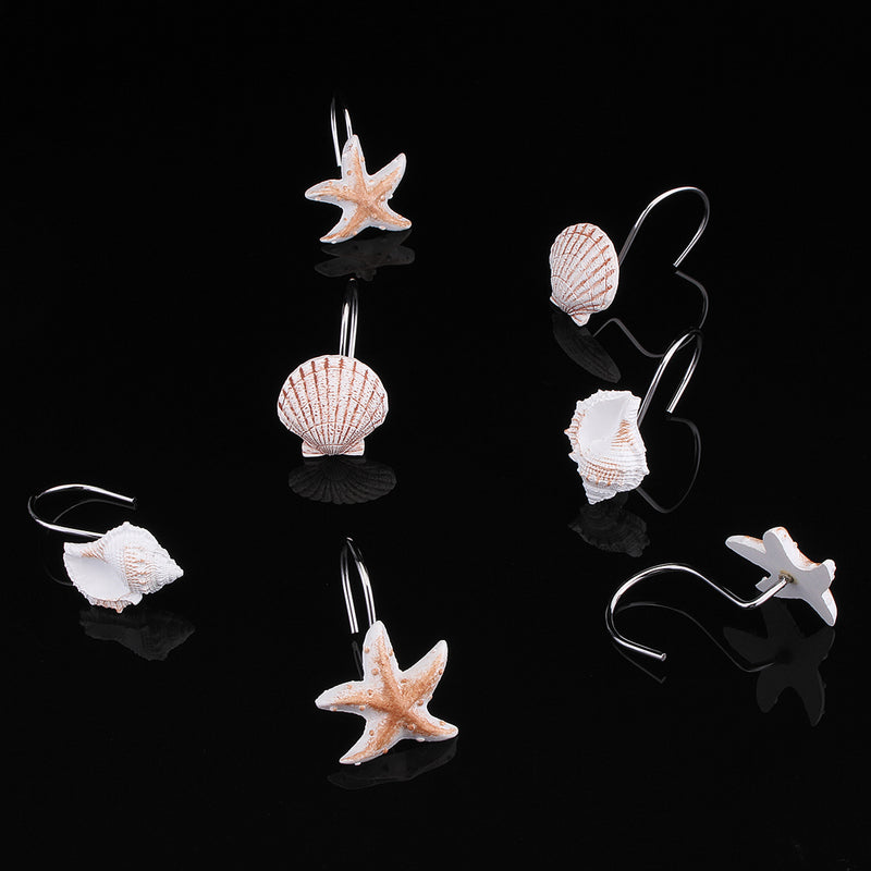12Pcs/Pack Barthroom Shower Curtain Hooks Set for Shower Rod Beach Themed Starfish Shell Seashells Hook