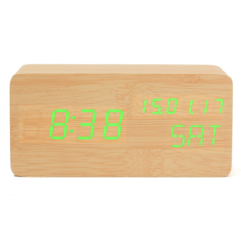 Wooden LED Digital Alarm Clock Dual Voice Control Calendar Thermometer