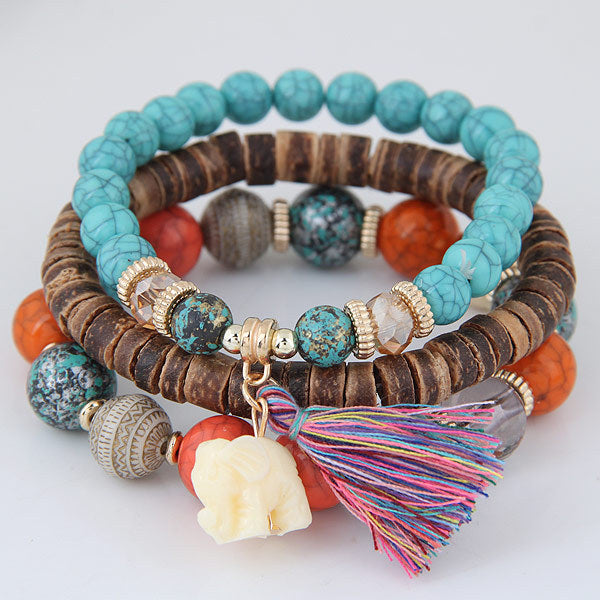 Bohemian Multilayer Bracelet Animal Elephant Heart Colorful Tassel Beaded Pendant Bracelet