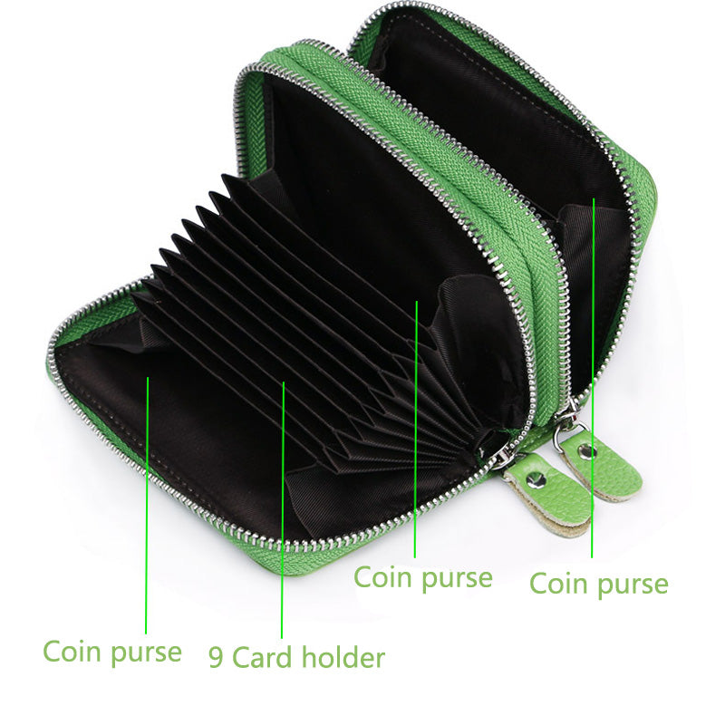 High Quality Genuine Leather Women Double Zipper Around Handbag Card Holder Wallets Coin Purse