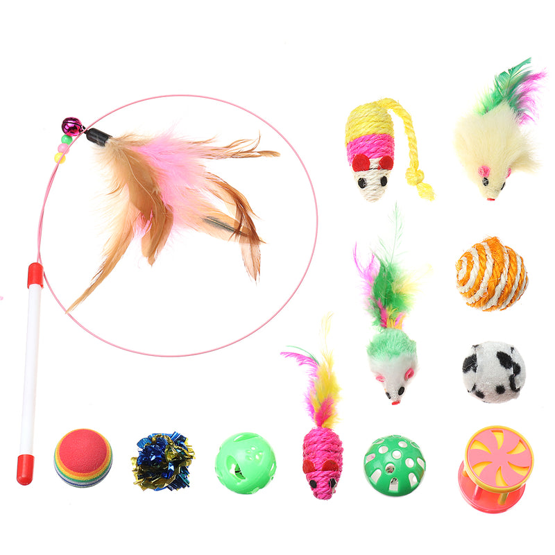 12Pcs Pet Cat Toys Kitty Rod Feather Bells Balls Fur Scratch Teaser Rat