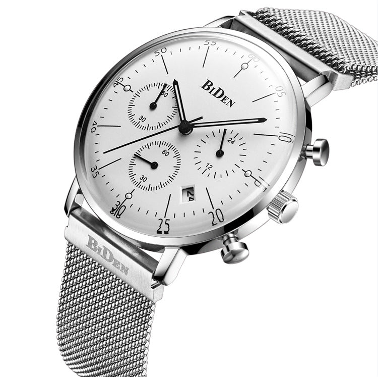 BIDEN BD00527 Luminous Display Chronograph Quartz Watch Full Steel Business Men Wristwatch