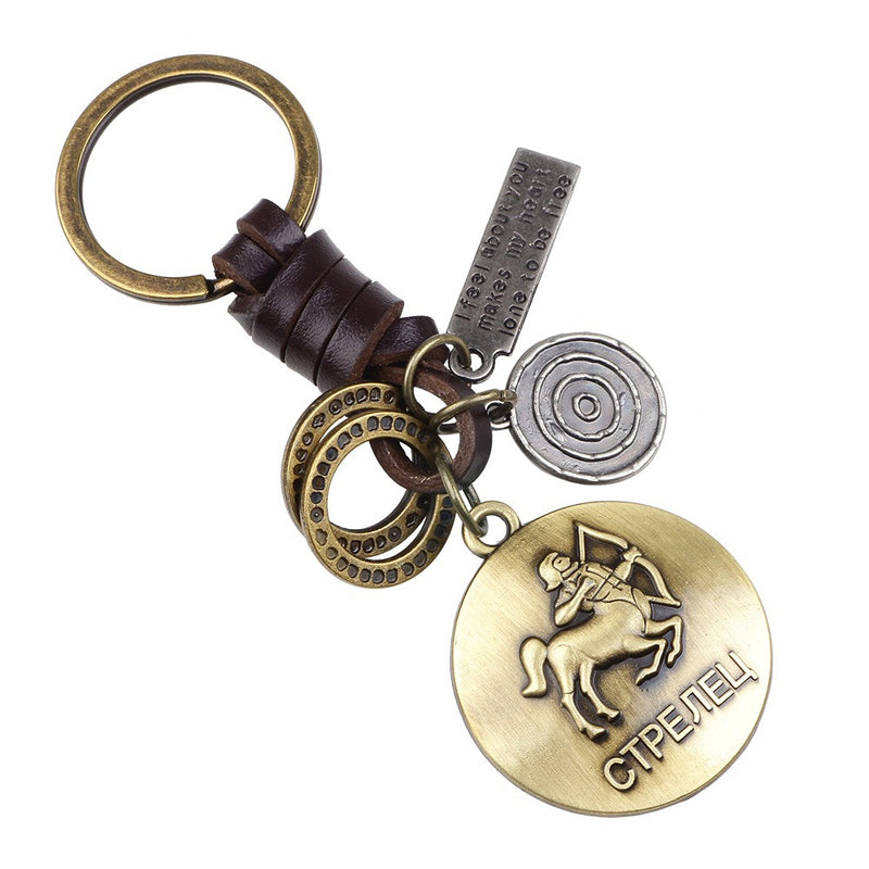 Retro Twelve constellation Woven Keychain Soft Leather Cord Keychain For Men