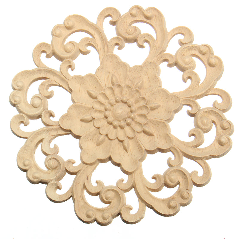 Wood Carved Onlay Applique Unpainted Flower Pattern Furniture Frame Door Decor 15cm