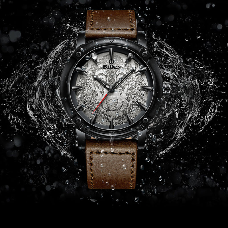 BIDEN BD0185 Wolf Dial Display Fashionable Men Wrist Watch Analog Leather Band Quartz Watch
