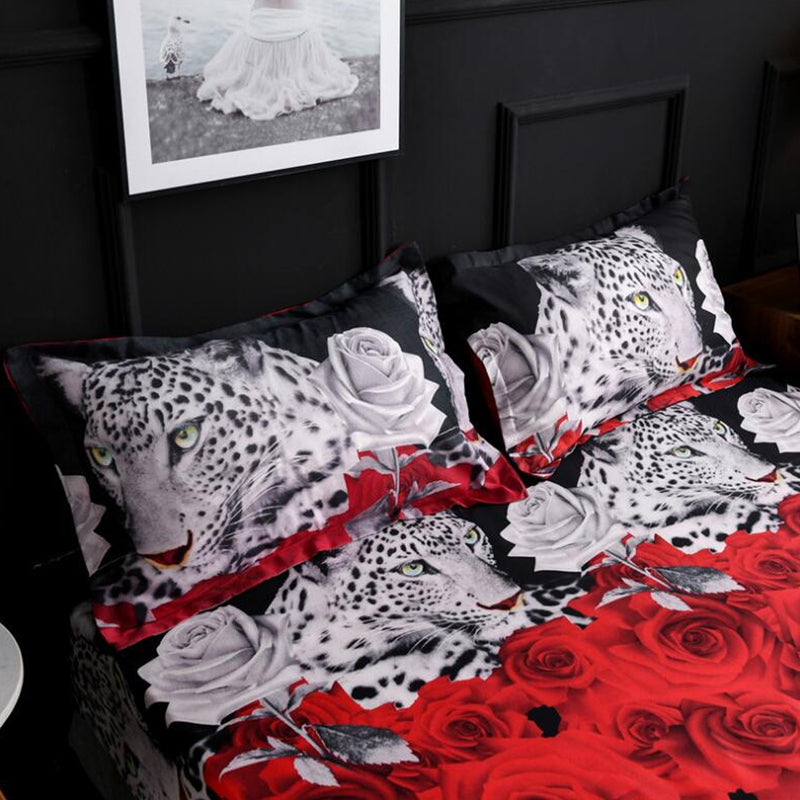 4PCS 200 x 230cm 3D Leopard Rose Printed Bedding Pillowcase Sheet Quilt Cover Bedding Sets
