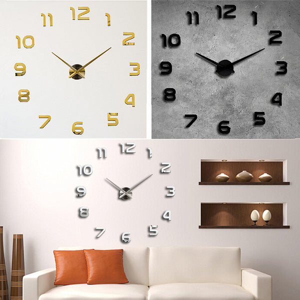 3D DIY Wall Sticker Clock Large Size Mirror Surface  Decor Quartz