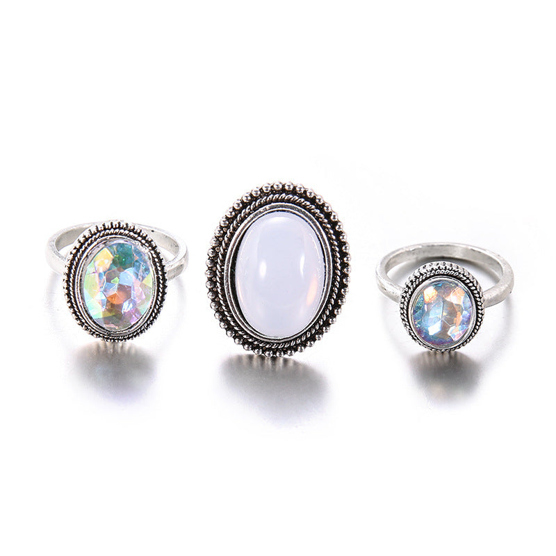 3Pcs/set Statement Silver Color Ring Set Big Gem Stone Women's Oval Boho Knuckle