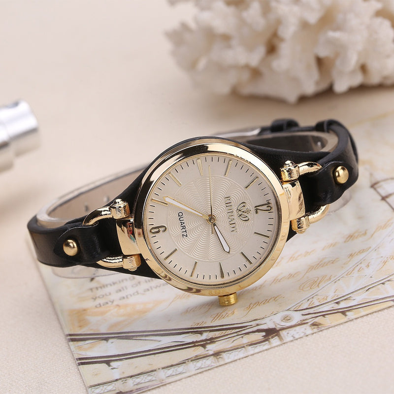 Fashion Colorful Leather Band Women Simple Dial Rose Gold Case Quartz Watch