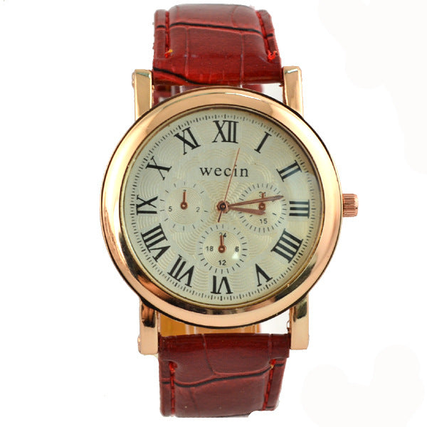Wecin 9003 PU Leather Roman Number Band Analog Quartz Couples Watch