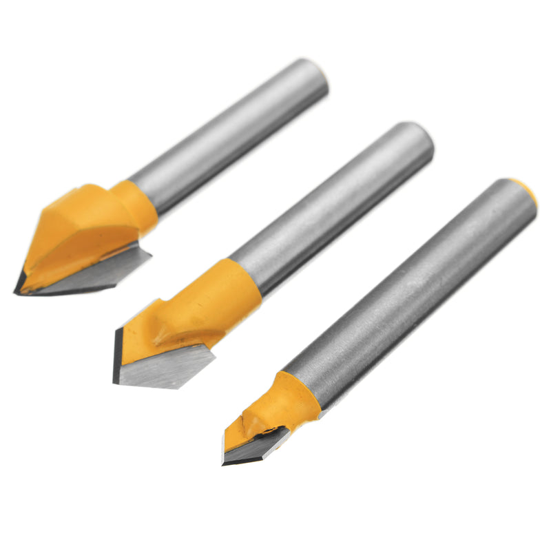 3pcs 1/4 Inch Shank Lettering and Sign Making V-Groove or Round Nose Router Bit Set