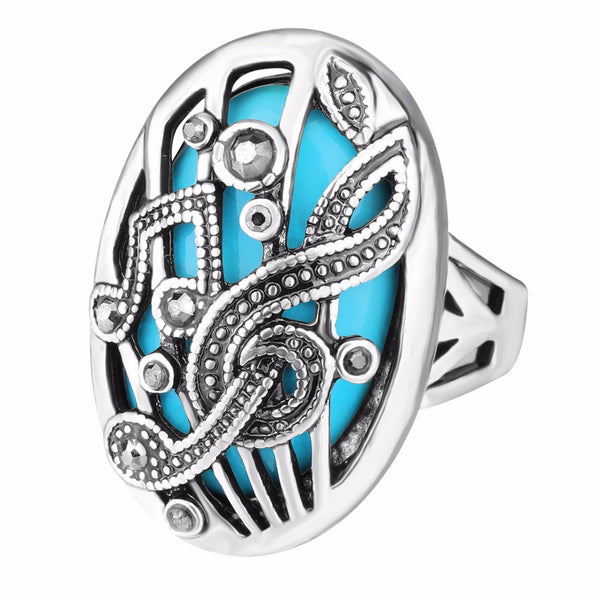 Ethnic Hollow Carve Finger Ring Music Match Rhinestone Oval Geometric Ring Vintage Jewelry for Women