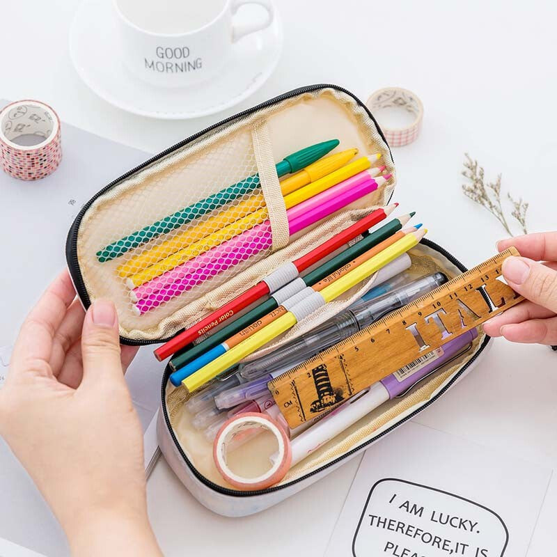 QSND 1 Piece Cute Marble Pattern Pencil Bag Box PU Leather Pencil Case Waterproof Stationery Pouch Office School Supplies