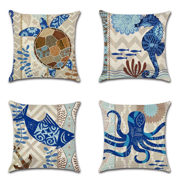 Sea Creature Turtle Fish Sea Horse Square Cotton Linen Cushion Cover Home Decor 4 Styles Pillow Case