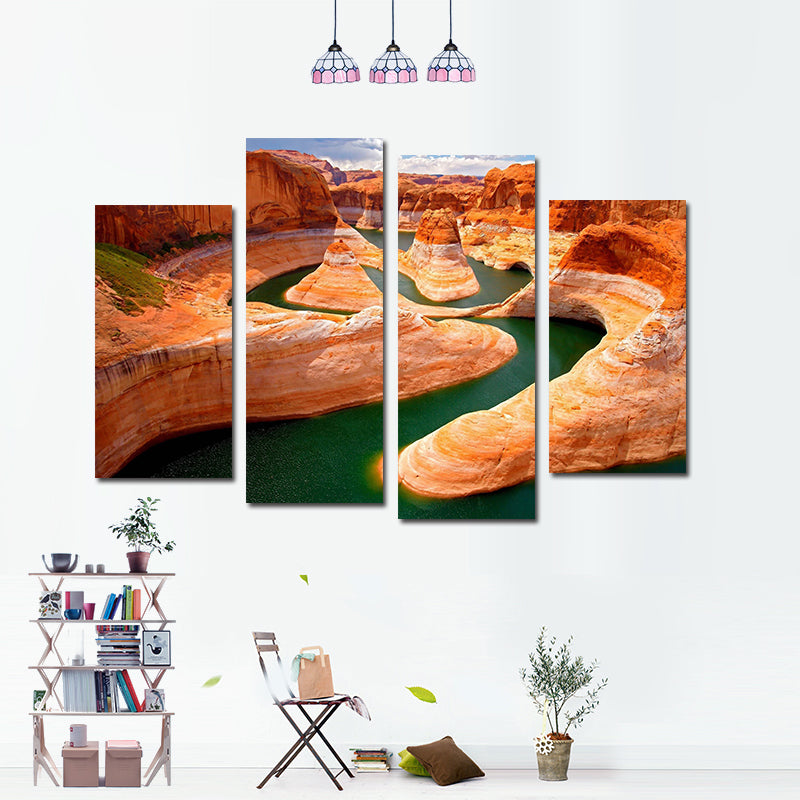 Miico Hand Painted Four Combination Decorative Paintings Canyon River Wall Art For Home Decoration