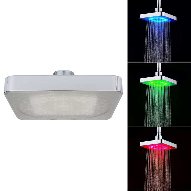 360 Adjustable 6 Inch LED Light Square Rain Shower Head Stainless Steel 3 Color Changing Temperature Control Bathroom Showerhead