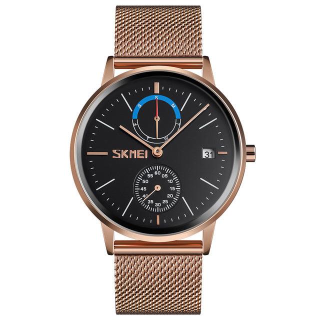 SKMEI 9182 Business Style Circular Mirror Mesh Steel Strap Week Date Display Men Watch Quartz Watch