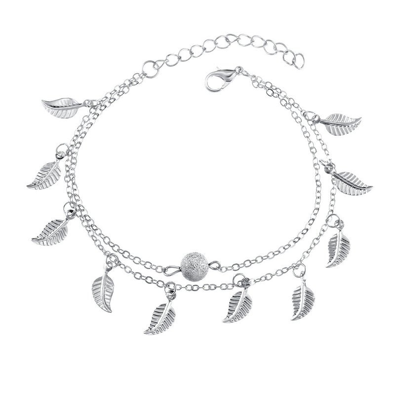 Trendy Silver Gold Color Leaf Pendant Anklet Double Layer Ball Charm Bracelet