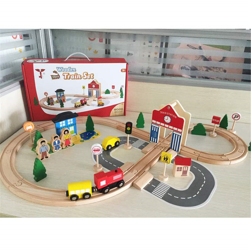 50PCS/Set DIY Educational Wooden Railway Train Track Slot Xmas Kids Jigsaw Puzzle Toy