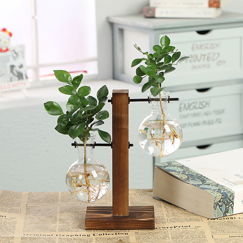Tabletop Desk Decor Bulb Glass Hydroponic Vase Flower Plant Pot  Wooden Tray Hydroponic System