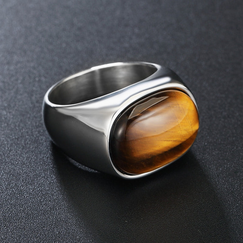 REZEX Retro Tiger Eye Stone Finger Rings Men's Titanium Steel Ring