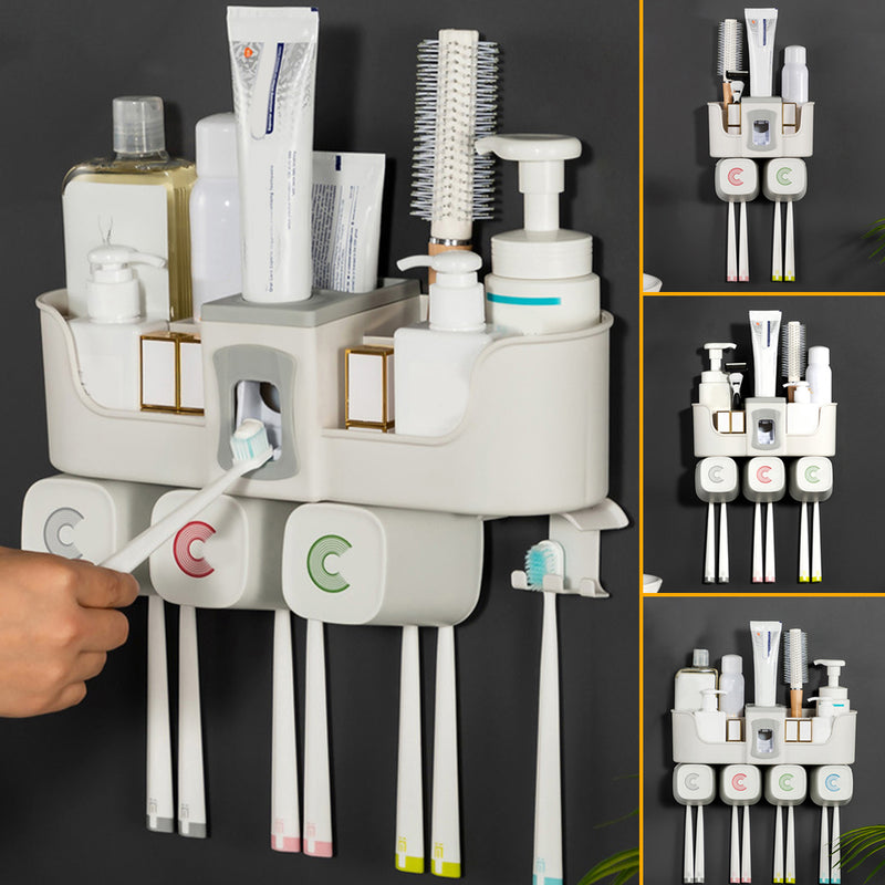 Toothpaste Dispenser Toothbrush Holder No Drill Wall Mount Bathroom Storage Shelf Rack