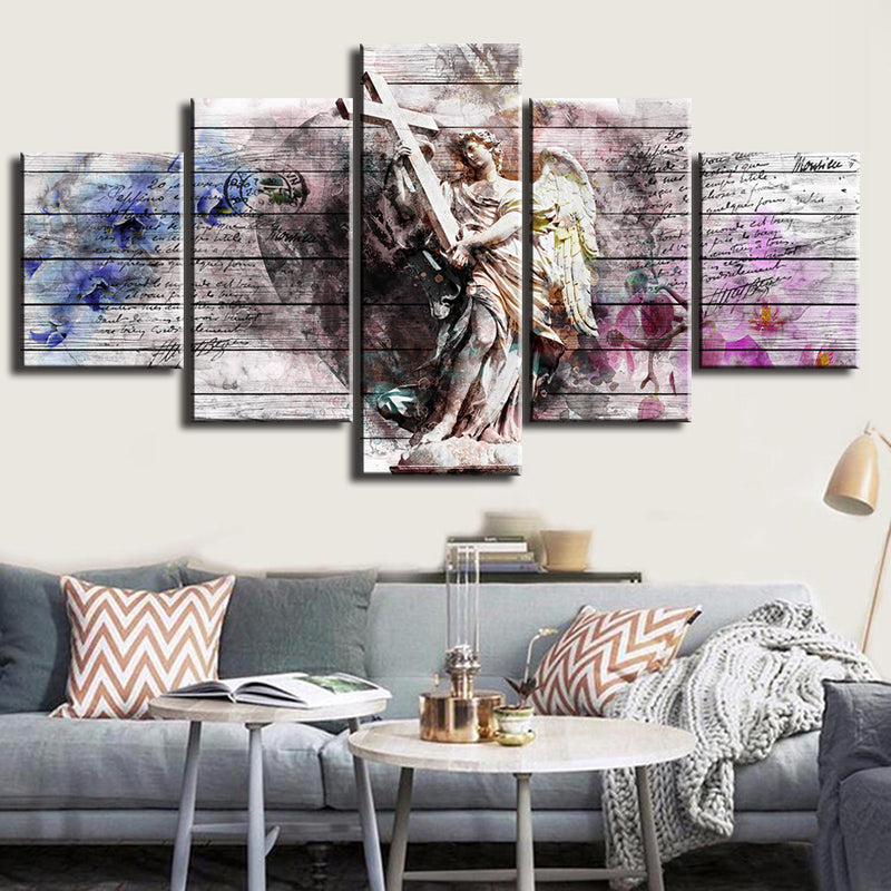 Loskii Spray Oil Paintings Canvas Five Combination Decorative Paintings Statue of Liberty Wall Art For Home Decorations