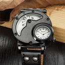 OULM 9591 Casual Style Creative Wrist Watch Dual Time Zones Leather Strap Quartz Watches
