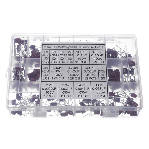 180pcs 15 Values 10nf 400V-68nf 630V CBB Metal Film Capacitor Assortment Kit with Storage Box