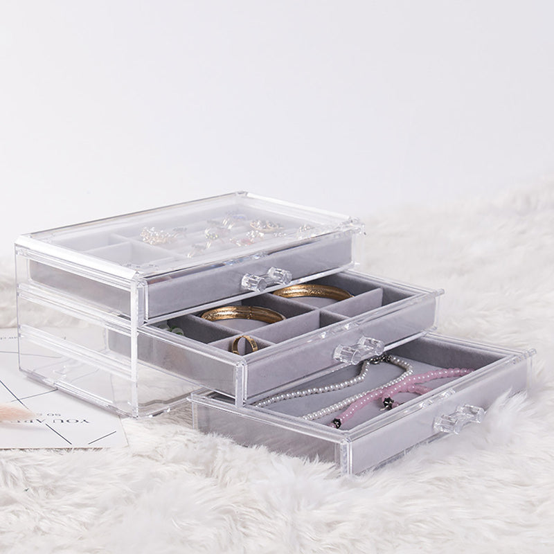 Acrylic 3 Layers Velvet Jewelry Box Display Holder Desktop Pendant Ring Earring Organizer Space Saving Jewelry Makeup Storage Case