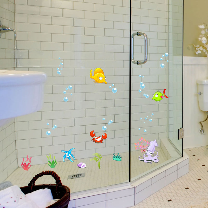 Tropical Cartoon Fish Sea Bubble Ocean World Removable Wall Bathroom Sticker Glass Pastes Decor