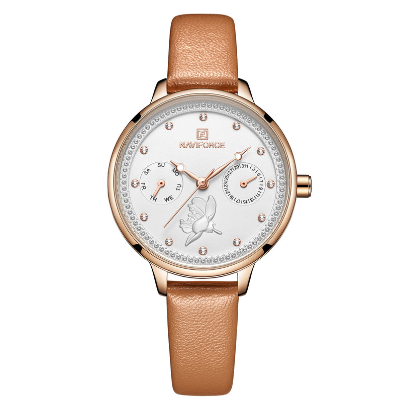 NAVIFORCE 5003 Diamonds Elegant Design Ladies Wrist Watch Genuine Leather Strap Quartz Watch