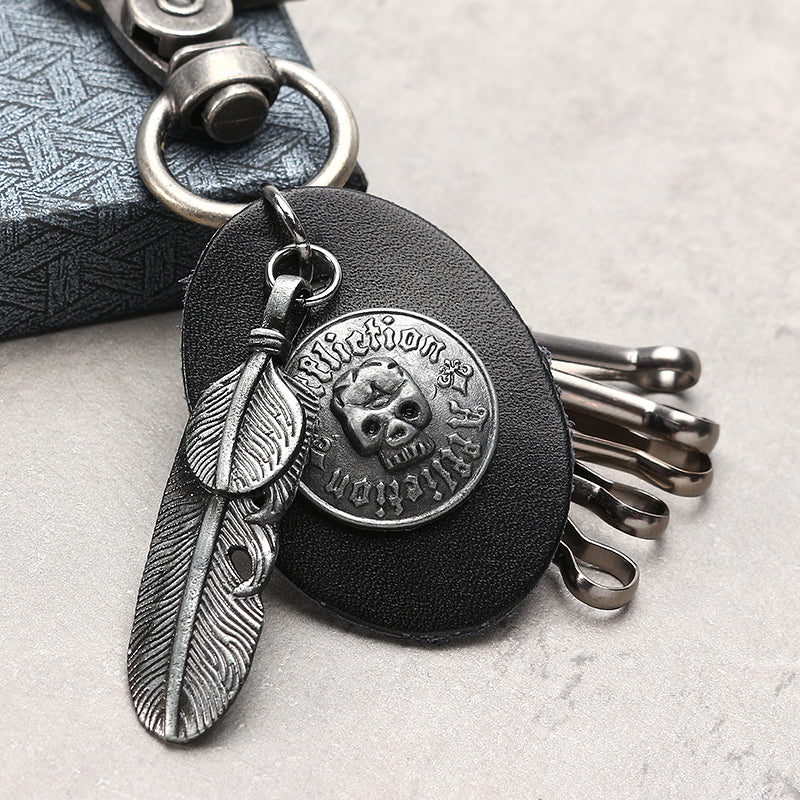 Gun Black Skull Pattern Keychain Feather Pendant Key Ring Halloween Gift for Unisex