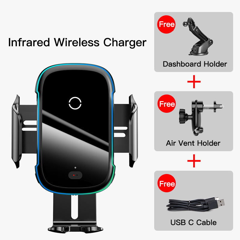 Baseus 15W Wireless Charger Infrared Induction Smart Sensor Air Vent Dashboard Car Phone Holder For 4.7-6.5 Inch Smart Phone For iPhone 11 For Samsung