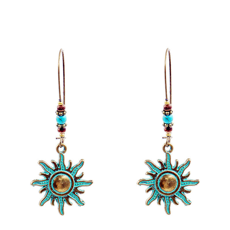 Ethnic Bronze Sun Ear Drop Earrings Retro Style Pendant Earring for Women
