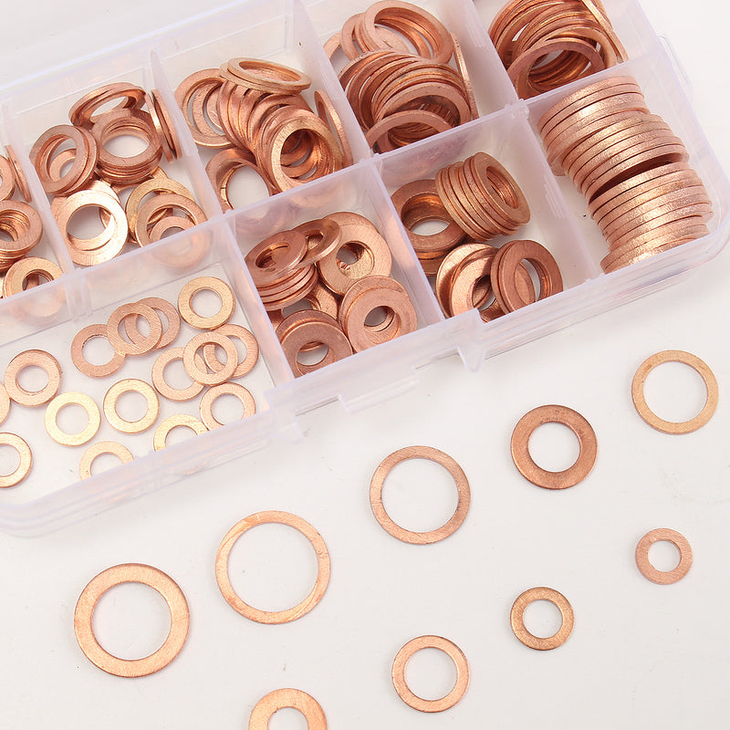 200Pcs Solid Copper Washer Sump Plug Assorted Flat Sealing Washer Kit 9 Sizes