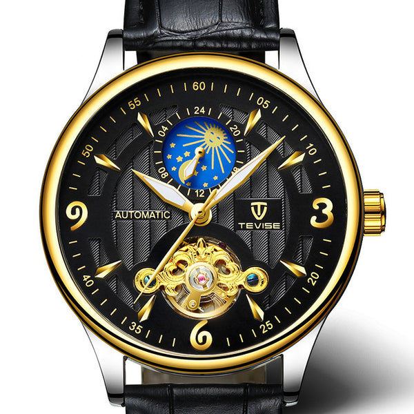 TEVISE T820B Casual Moon Phase Automatic Mechanical Watch Luxury Leather Strap Men Watch
