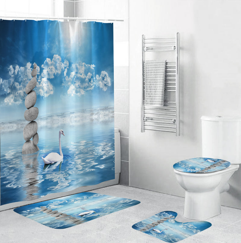4Pcs Shower Curtain Waterproof Home Bathroom Bath Mat Set Rug Toilet Lid Cover !