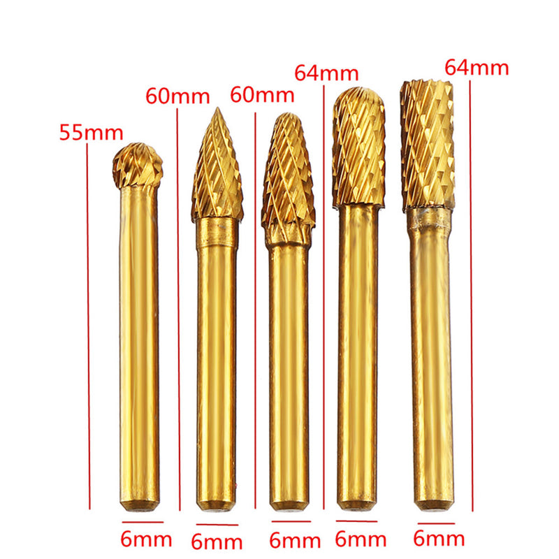 5pcs 6x8mm Titanium Coating Tungsten Steel Grinding Head Rotary Burrs Tool