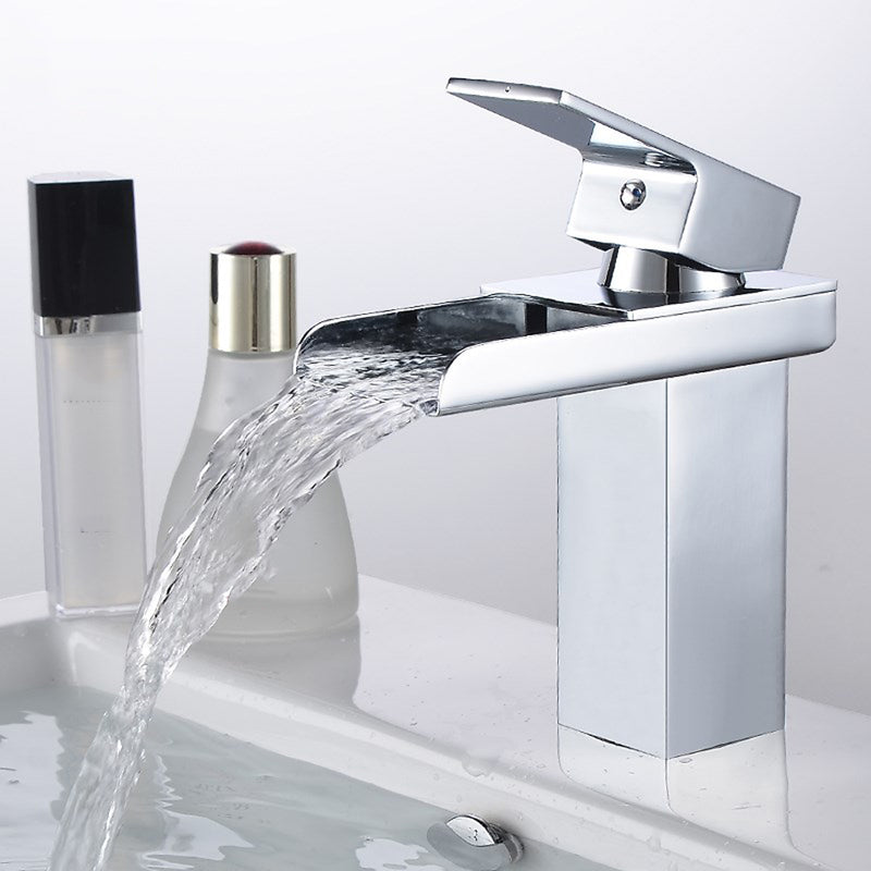 Bathroom Waterfall Basin Sink Faucet Square Hot Cold Water Mixer Tap Chrome