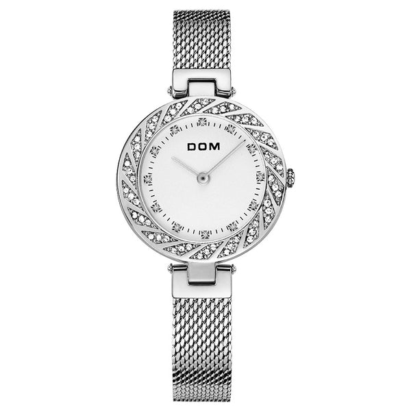 DOM G-1279 Crystal Casual Style Ladies Wrist Watch Mesh Steel Band Quartz Watch