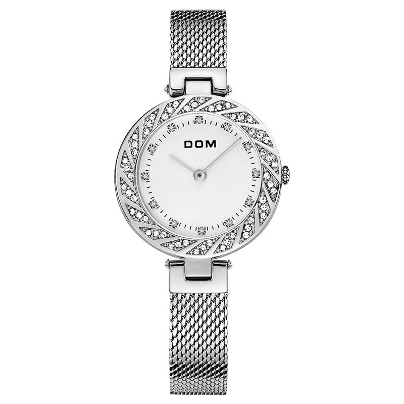 DOM G-1279 Crystal Casual Style Ladies Wrist Watch Mesh Steel Band Quartz Watch
