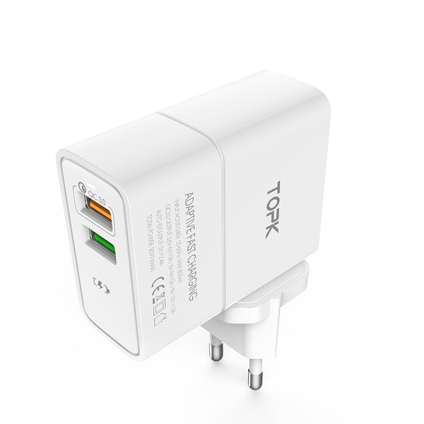 TOPK QC3.0 30W LED Indicator Dual USB Charger EU Adapter for Nokia X6 Xiaomi Mi A2 Pocophone F1