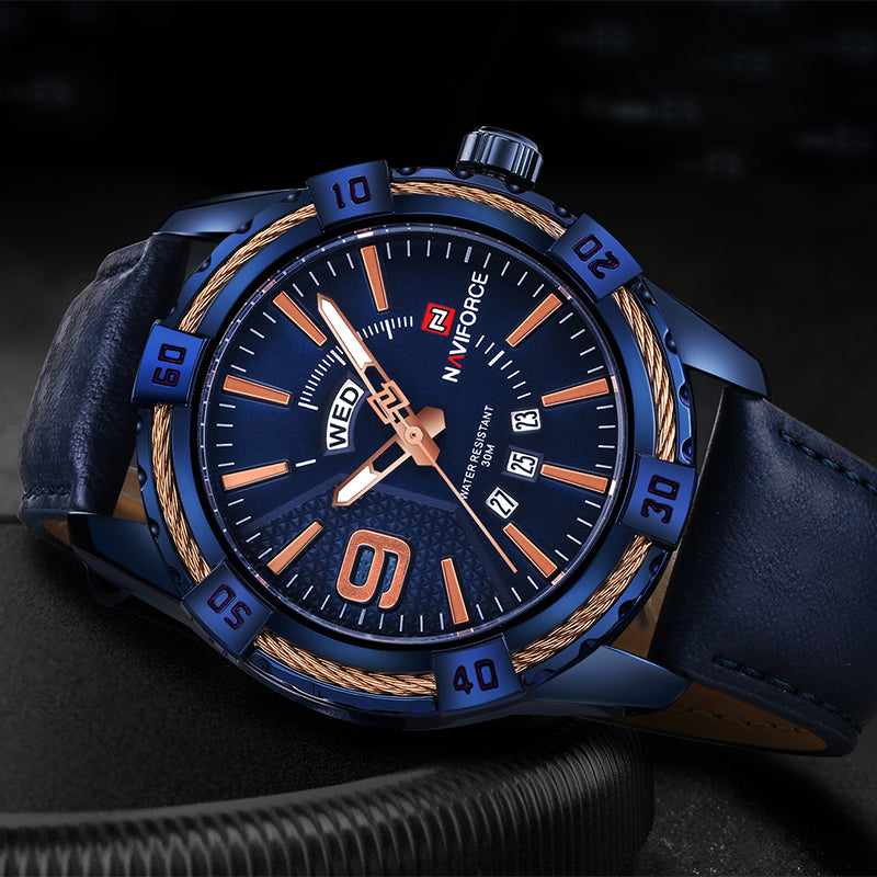 NAVIFORCE 9117 Business Style Men Wrist Watch Calendar Week Display Leather Strap Quartz Watch