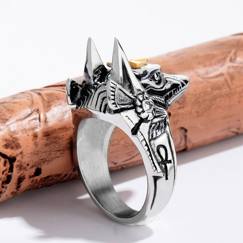 Punk Finger Ring Titanium Steel Cross Anubis Head Portrait Finger Rings Accessories Jewelry for Men