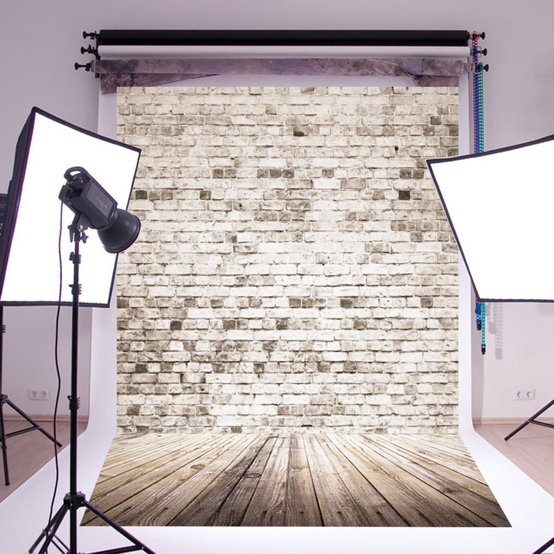 5x7FT Retro White Grey Brick Wall Wood Photography Background Valentine Backdrop Decorations