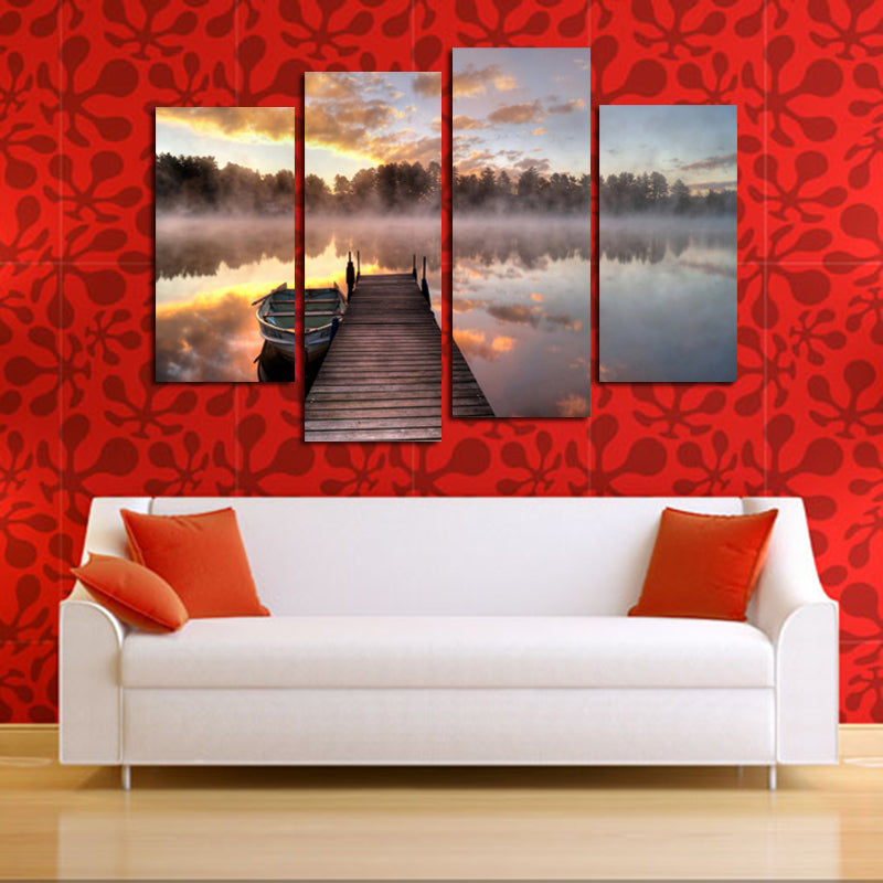 Miico Hand Painted Four Combination Decorative Paintings Foggy Lake Surface Wall Art For Home Decoration