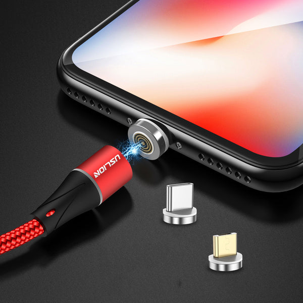 USLION 3A LED 360 Degree Rotate QC3.0 Magnetic Fast Charging Type-C Micro USB Data Cable 1M for Samsung S10+ S9 Xiaomi 9T Redmi Note8 HUAWEI P30Pro