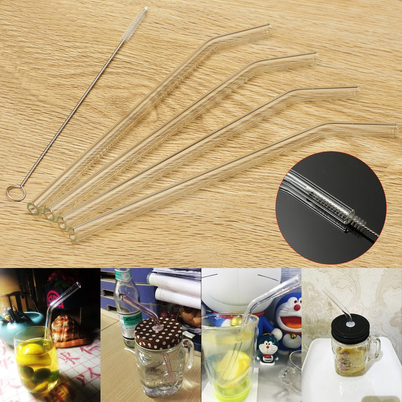 4Pcs 5mm Reusable Clear Bent Glass Drinking Straws Water Juice Straws with Cleaning Brush